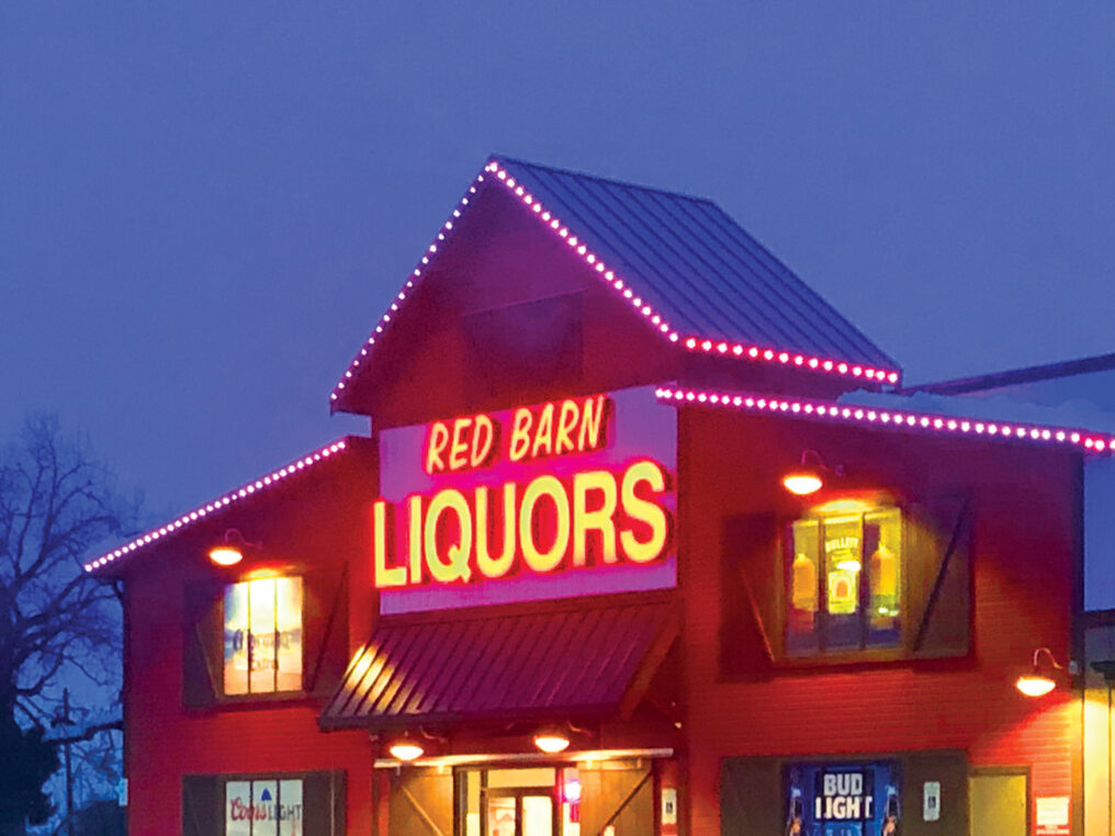 Red Barn liquor store lighting design at night