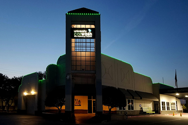 University Car Wash with Oelo permanent holiday lights